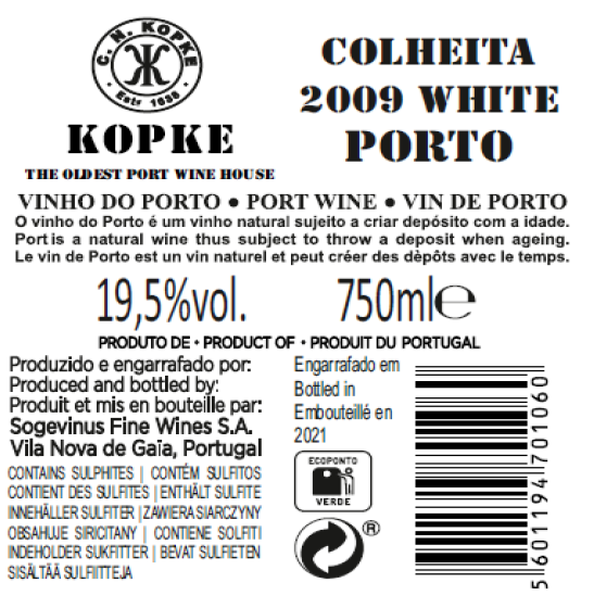 VINHO DO PORTO - KOPKE COLHEITA 2009 WHITE