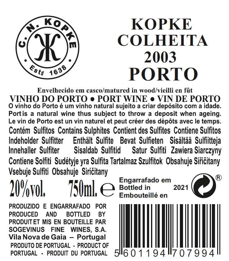 VINHO DO PORTO - KOPKE COLHEITA 2003 TAWNY