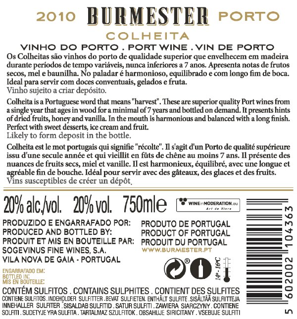 VINHO DO PORTO - BURMESTER COLHEITA 2010 TAWNY