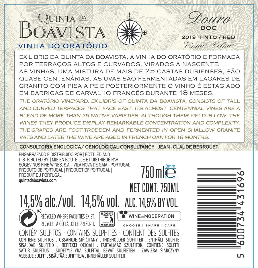 VINHO DOURO TINTO QUINTA DA BOAVISTA VINHA DO ORATÓRIO 2019 back-label