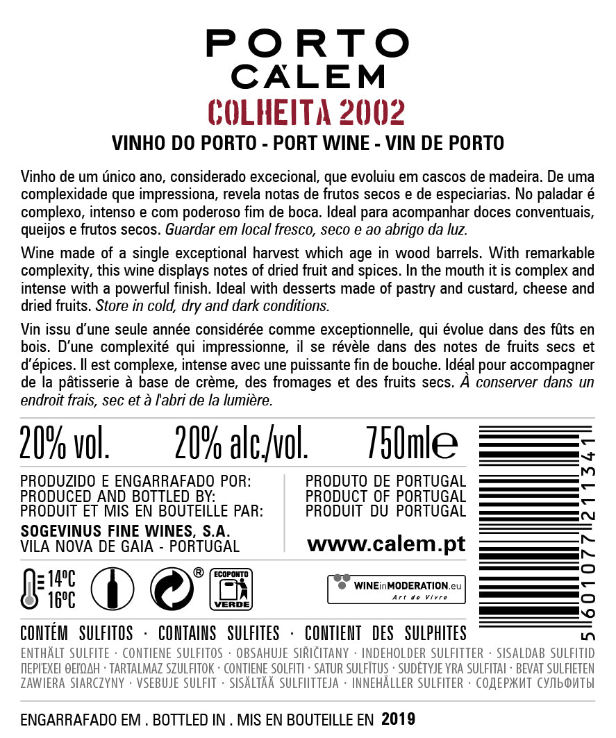 VINHO DO PORTO - CÁLEM COLHEITA 2002 TAWNY