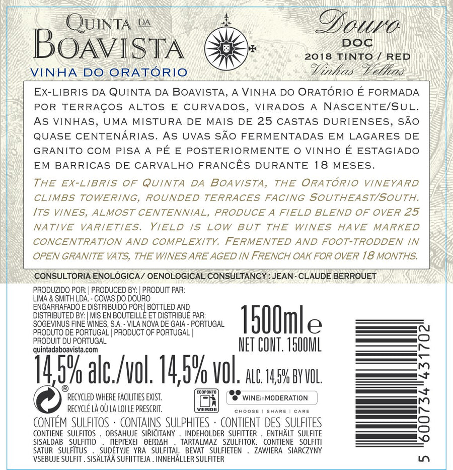 VINHO DOURO TINTO QUINTA DA BOAVISTA VINHA DO ORATÓRIO 2018 1,5L